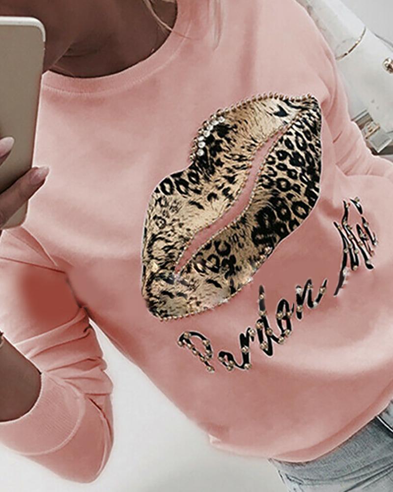 

Leopard Lip Print Long Sleeve Sweatshirt, Pink