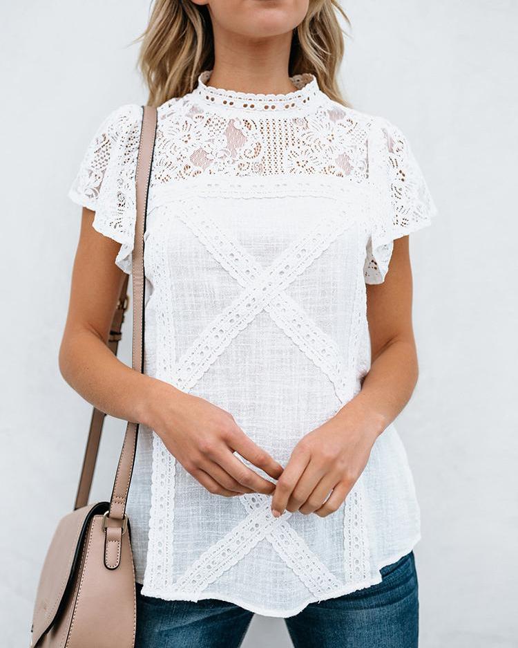 

Lace Yoke Keyhole Back Crisscross T-Shirt, White