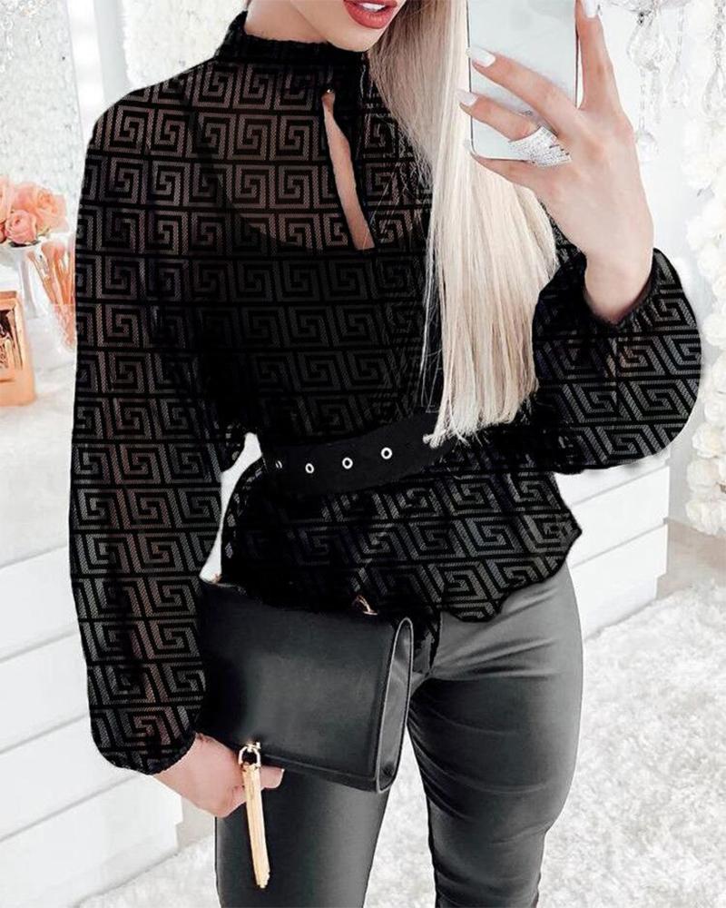 

G-inspired Keyhole Front Mesh Blouse, Black