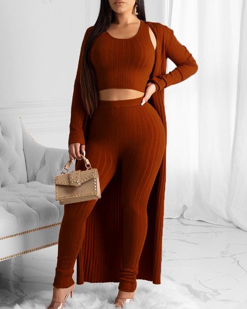 

Solid Ribbed Crop Top & Pant With Coat Sets, Brown