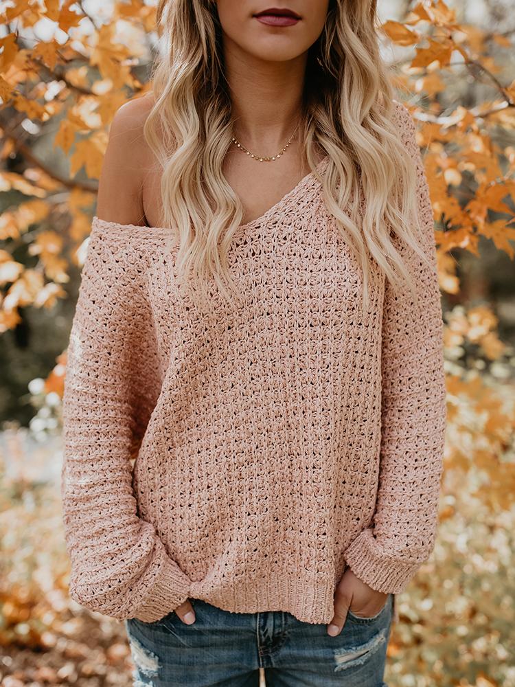 

V Neck Knitted Casual Sweater, Beige;pink;white
