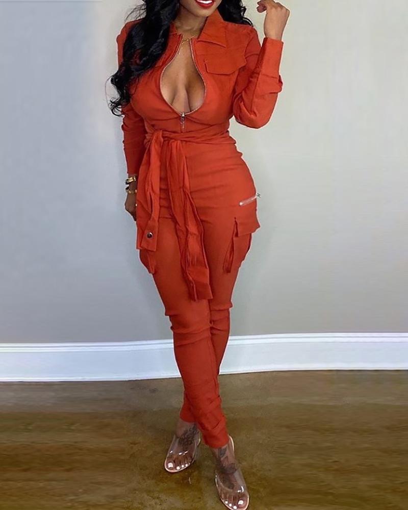 

Solid Zipper Tied Waist Jumpsuit, Orange