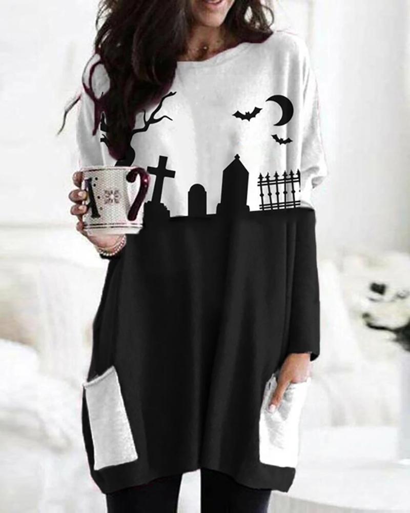 

Halloween Mixed Print Long Sleeve Top, Black
