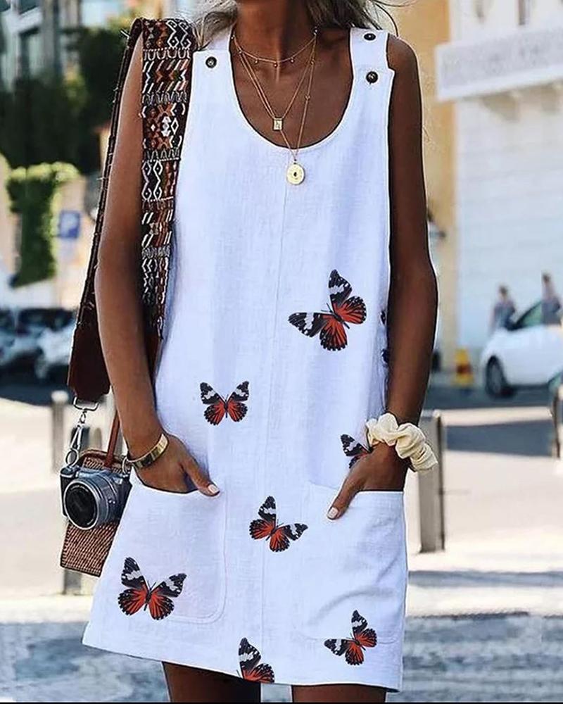 

Butterfly Print U-neck Casual Dress, White
