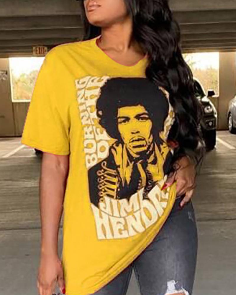 

Figure Print Short Sleeve Casual T-Shirt, Yellow