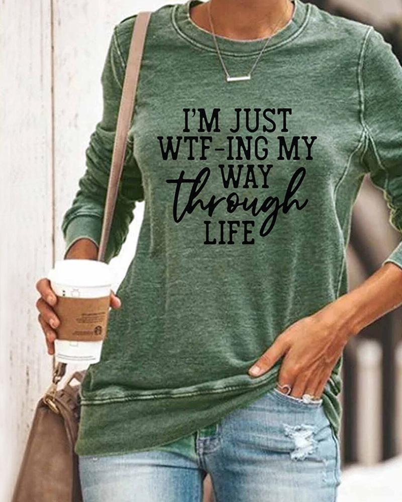 

Long Sleeve Letter Print Pullover Sweatshirt, Green