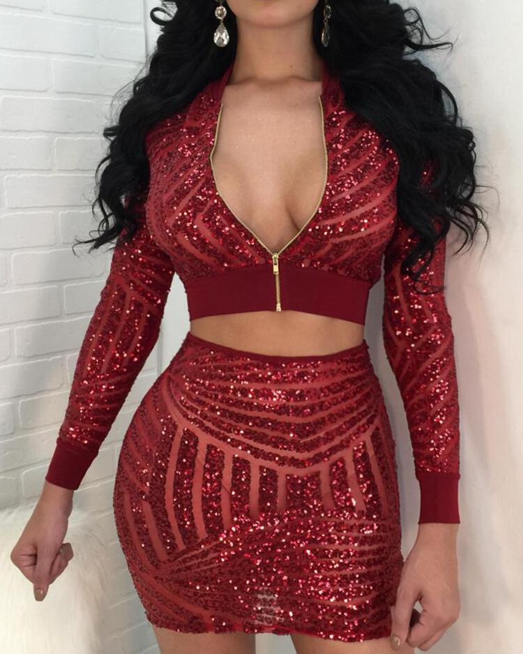 

Sequins Zipper Front Cropped Coat & Skirt Sets, Green;wine red;black