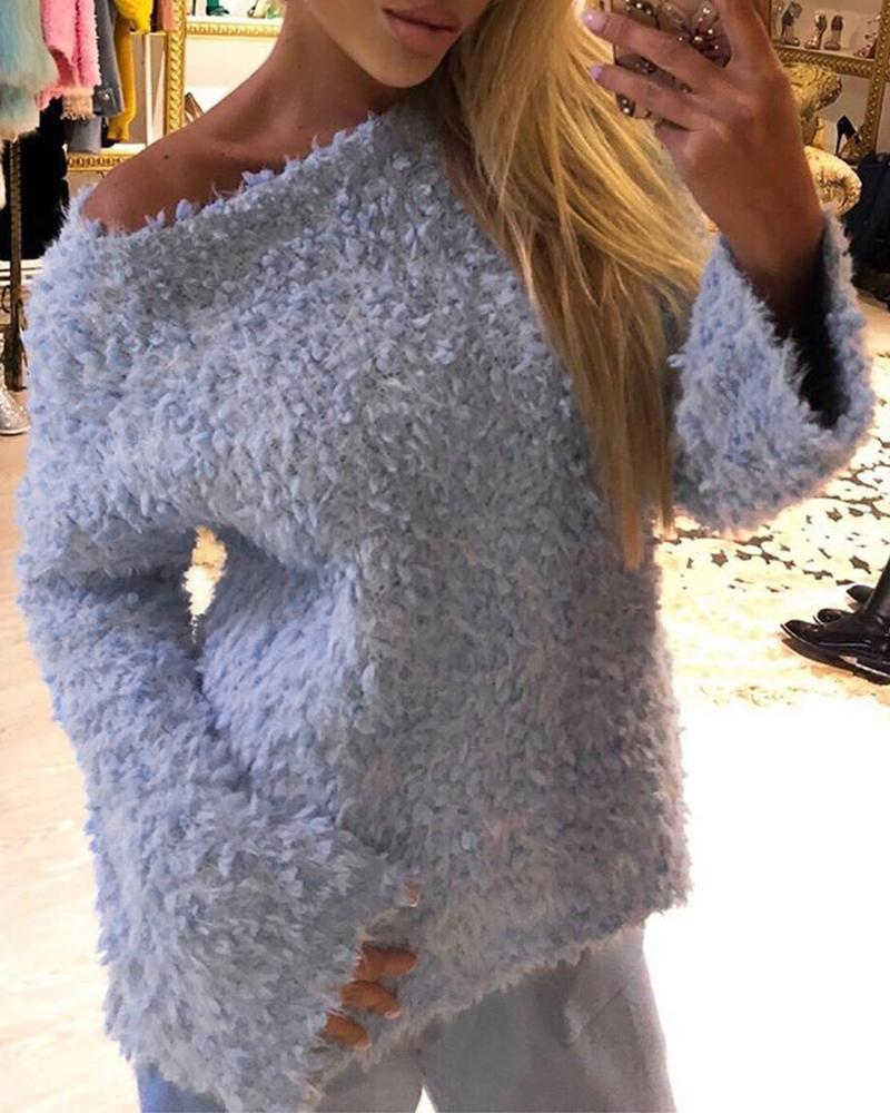 

Solid Polar Fleece Long Sleeve Casual Sweater, Blue