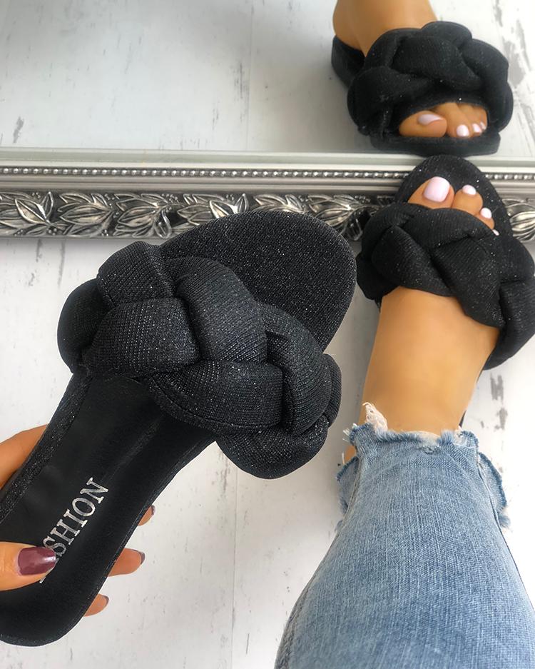 

Glitter Braided Design Flat Sandals, Black