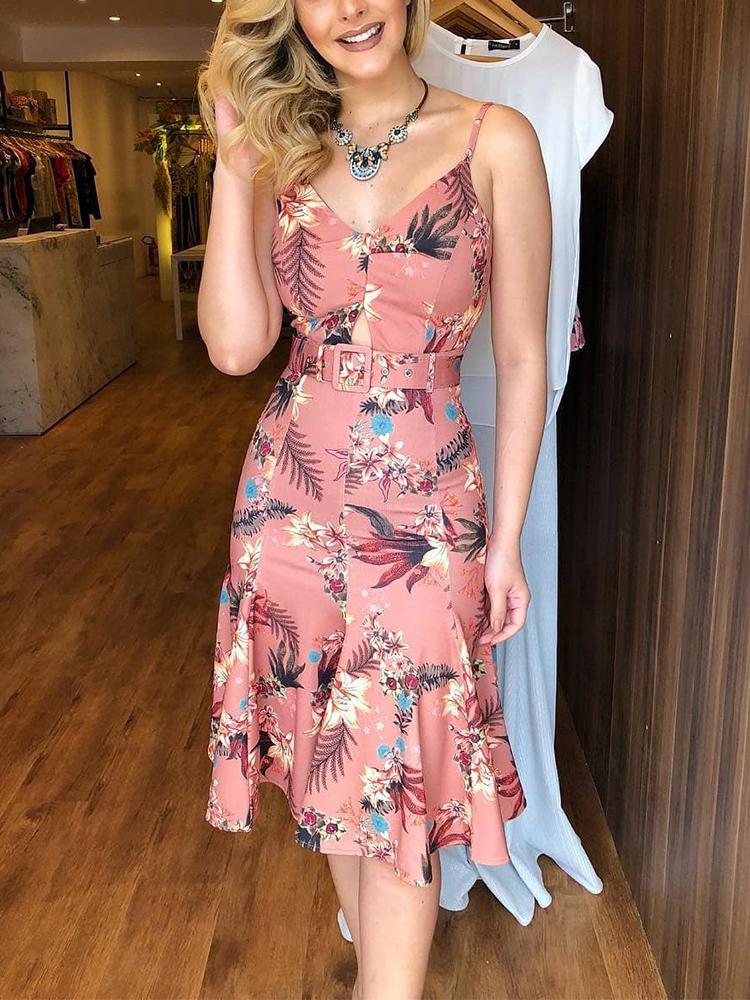 

Plant Print Spaghetti Strap Pep Hem Dress