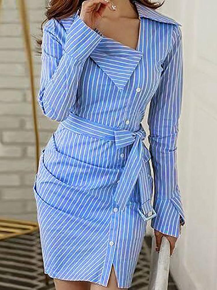 

Pinstripes Ruched Irregular Belted Shirt Dress