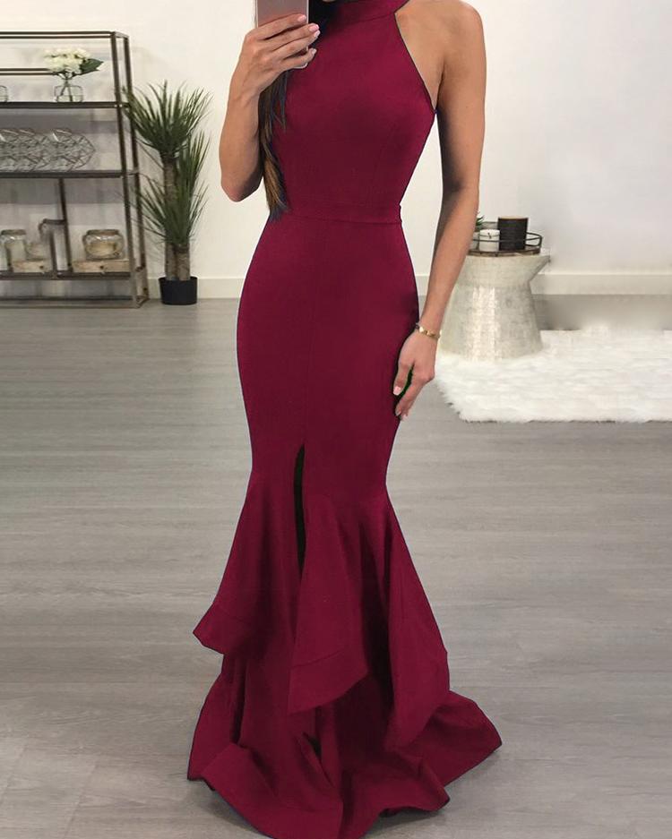 

Haltered Ruffles Mermaid Evening Dress, Wine red