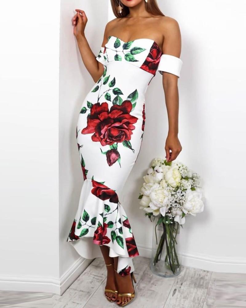 

Sweetheart Neck Floral Print Fishtail Hem Slinky Dress