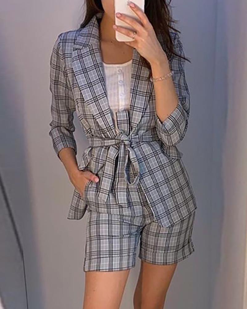 

Grid Long Sleeve Blazer Coat & Slinky Short Sets, Light gray