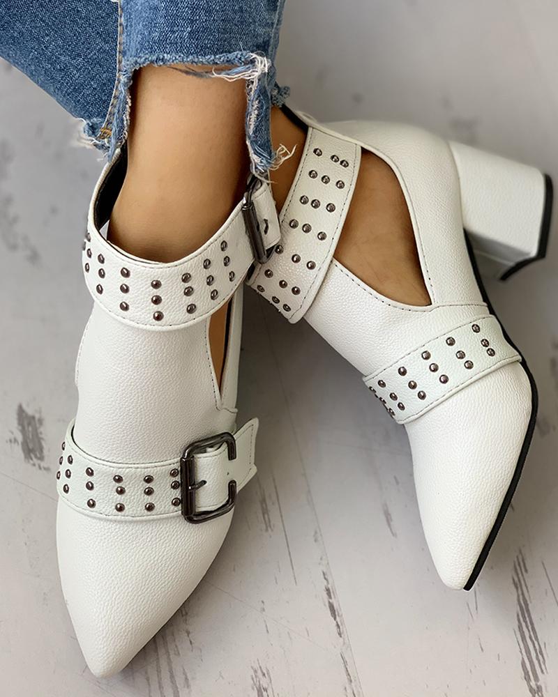 

Studded PU Ankle-buckled Pointed Toe Chunky Heels, White