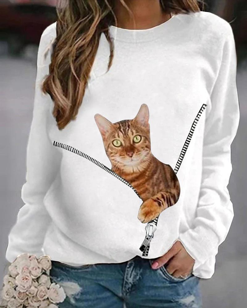 

Cat Print Zipper Front Casual Sweatshirt, White