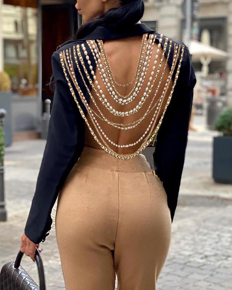 

Beaded Open Back Long Sleeve Blazer Coat, Black