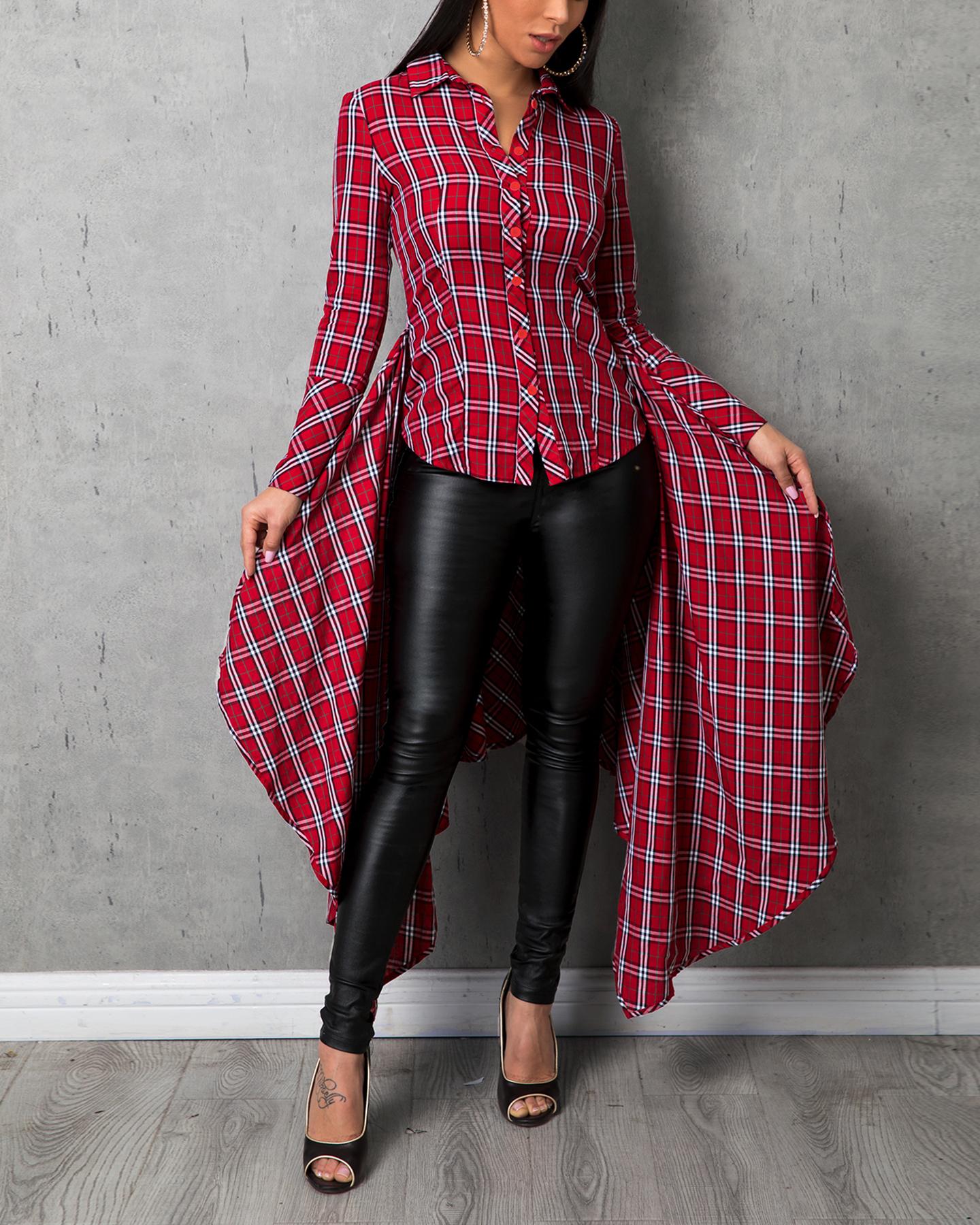 

Grid Long Sleeve Dip Hem Blouse