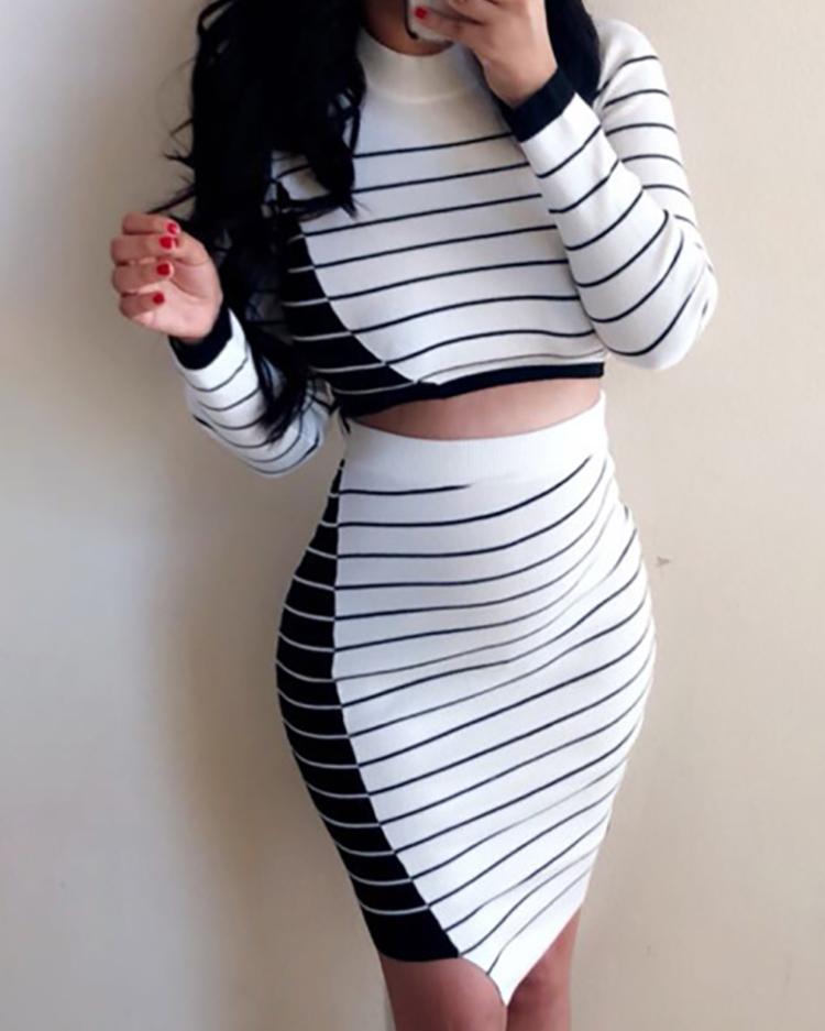 

Colorblock Striped Long Sleeve Top & Slinky Skirt Sets, White