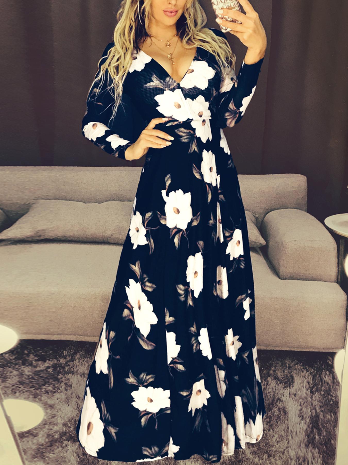 

Floral Print V Neck Long Sleeve Maxi Dress, Black