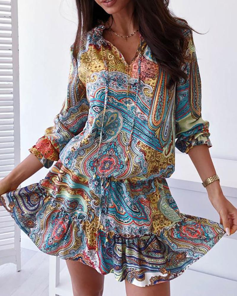 

Scarf Print Long Sleeve Ruffles Hem Dress, Blue