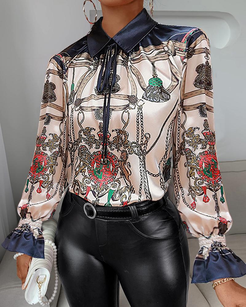 

Scarf Print Long Sleeve Shirt, Dark blue