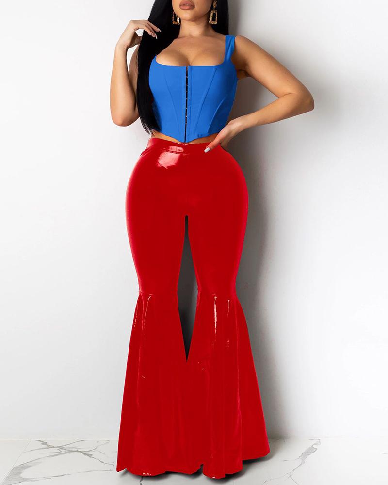 

Solid Faux Leather Bell-Bottom Pants, Red