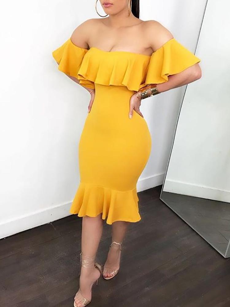 

Sexy Flared Off Shoulder Bodycon Dress, Yellow