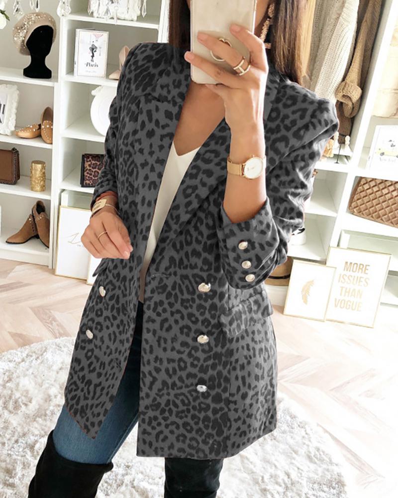 

Leopard Notched Collar Double-breasted Blazer, Gray