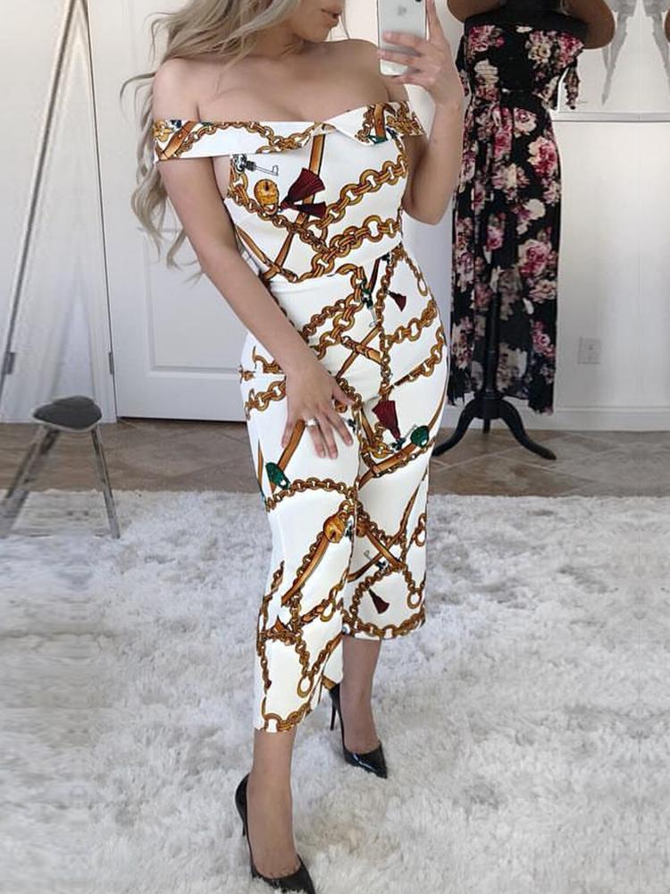 

Off Shoulder Chain Print Jumpsuit