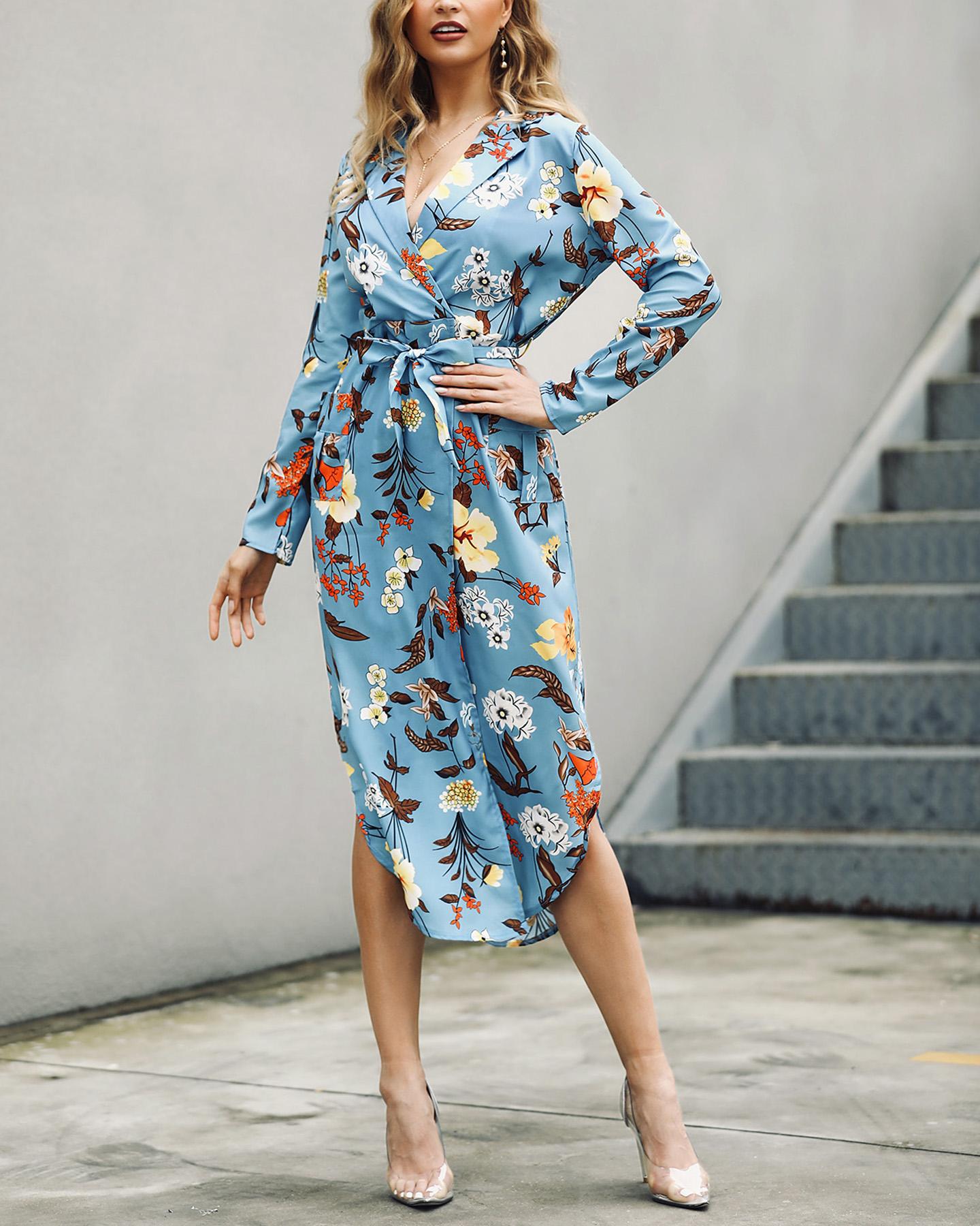

Floral Print Side Slit Casual Dress
