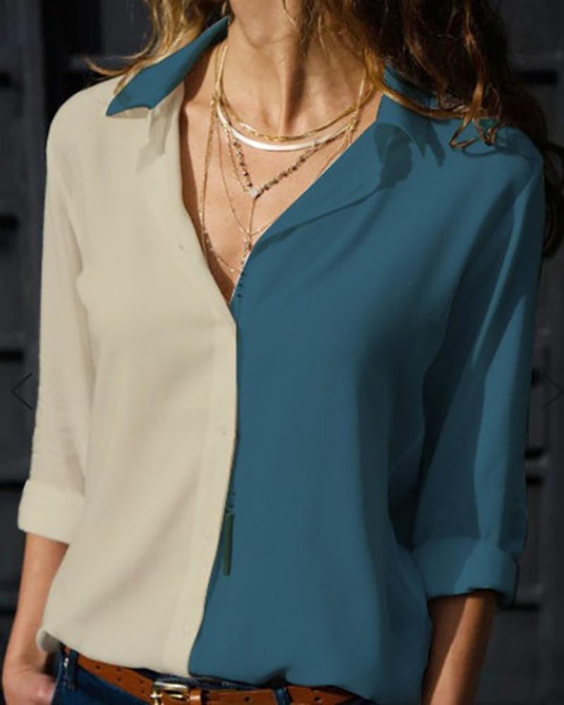 

V-Neck Long Sleeve Contrast Color Shirt, Beige