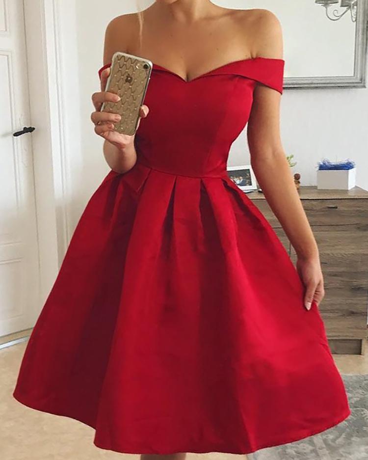 

Sweetheart Neck Off Shoulder Pleated Party Dress, Red