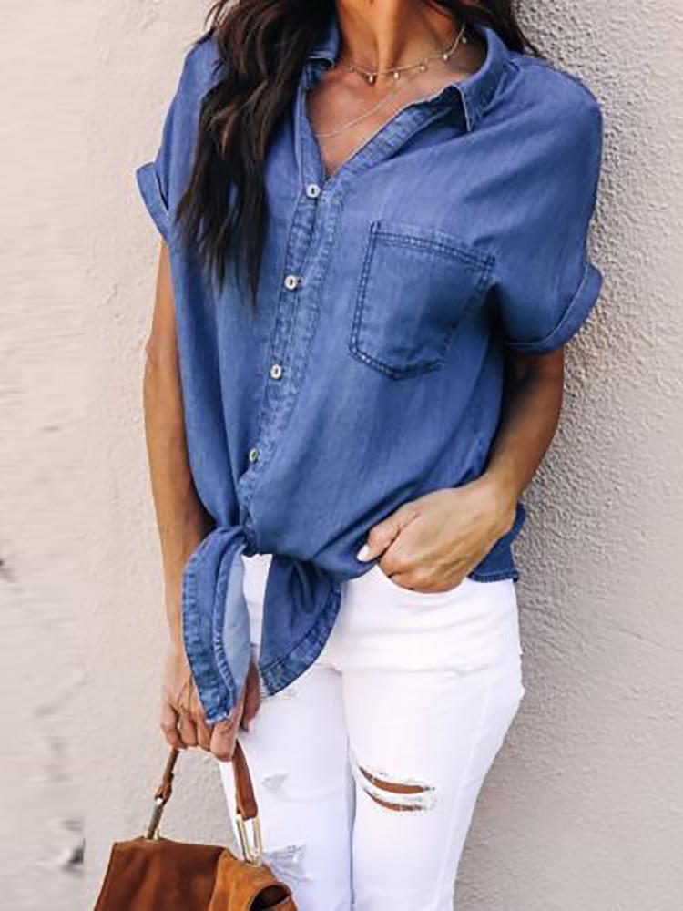 

Denim Button Through Knotted Front Blouse, Dark blue