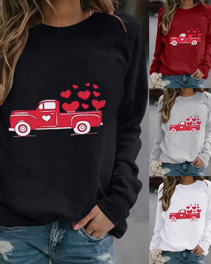 

Car Heart Print Casual Long Sleeve Sweatshirt, Black