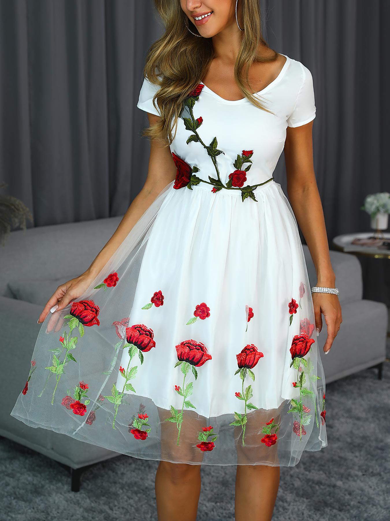 

Sheer Mesh Overlay Floral Embroidery Dress, White