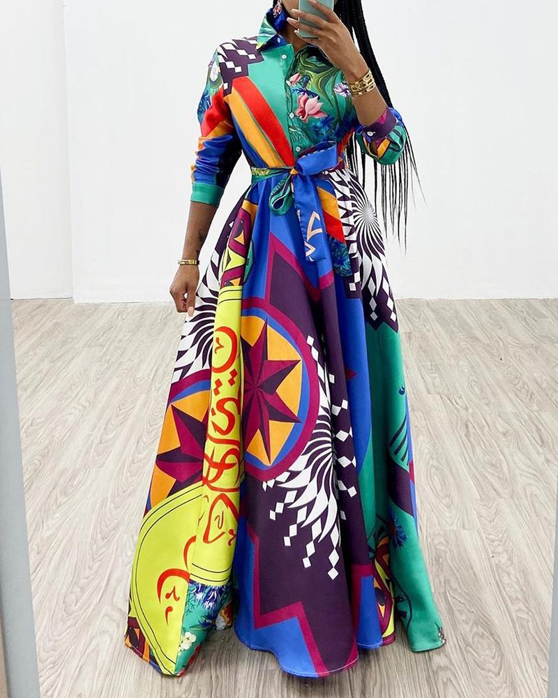 

Abstract Print Long Sleeve Tied Waist Maxi Dress
