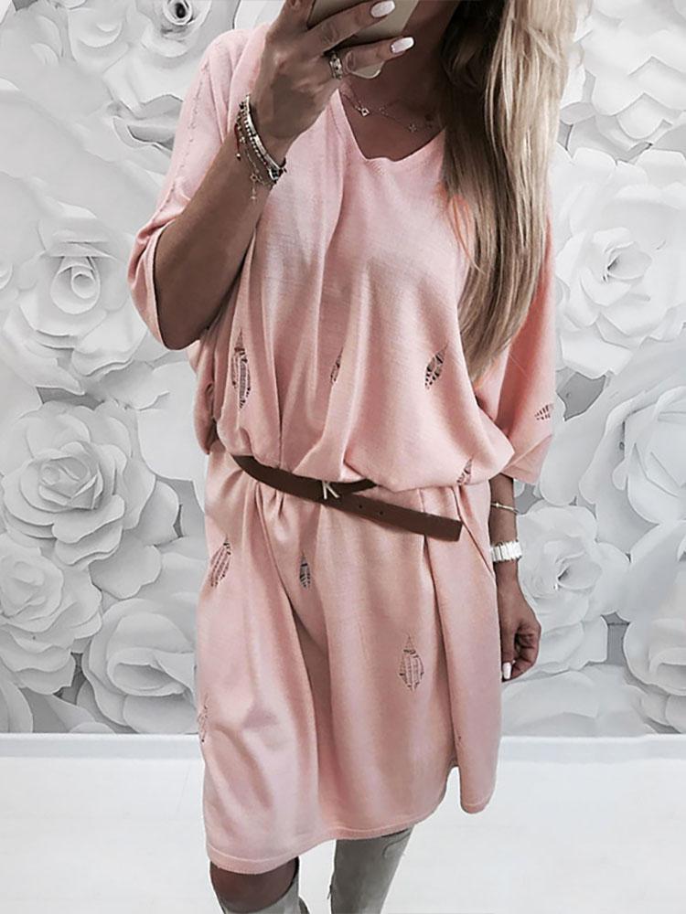 

Leaf Print Round Neck Casual Dresses, Pink