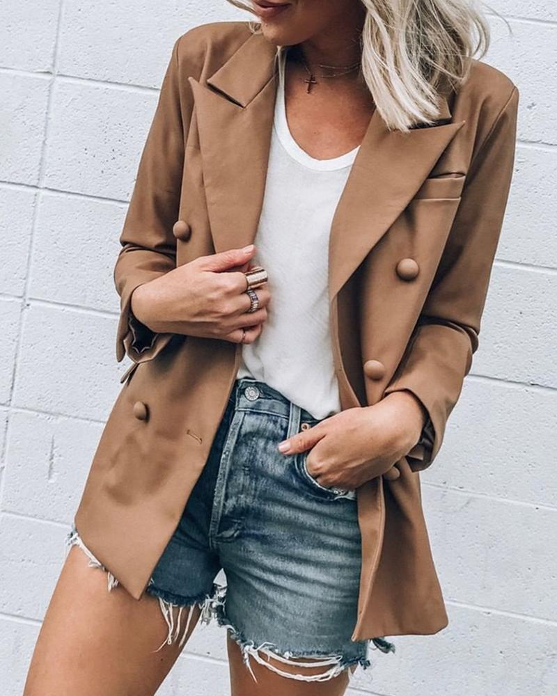 

Solid Notched Collar Double-breasted Blazer
