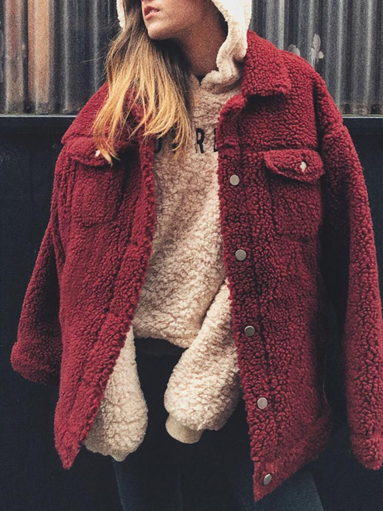 

Long Sleeve Pocket Design Teddy Jacket, Wine red
