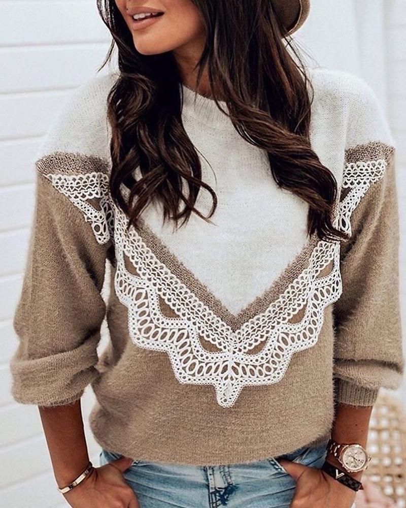 

Patchwork Lace Colorblock Casual Sweater, Khaki