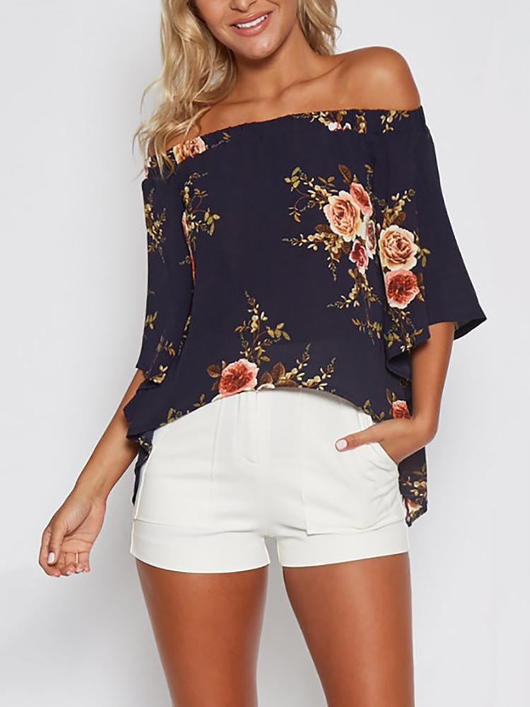 

Floral Off Shoulder Casual Blouse - Dark Blue
