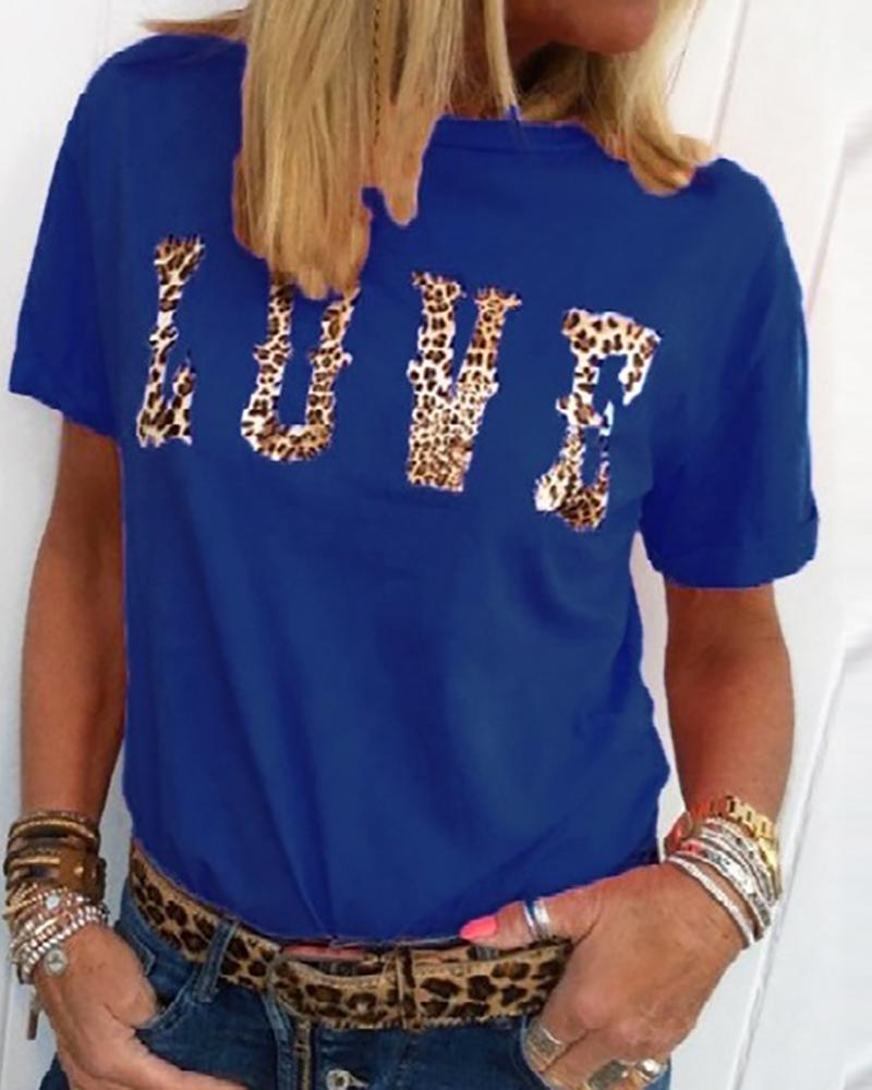 

Letter Cheetah Print Short Sleeve Casual T-shirt, Blue
