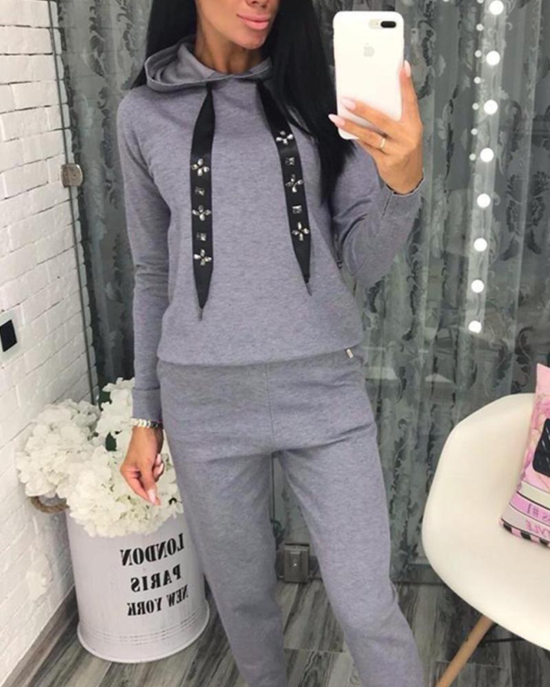 

Solid Embellished Drawstring Tracksuit, Gray