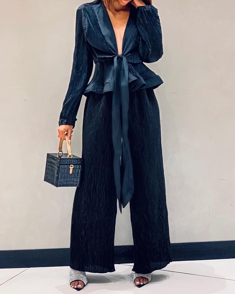 

Solid Plunge Ruffles Top & Wide Leg Pants Sets
