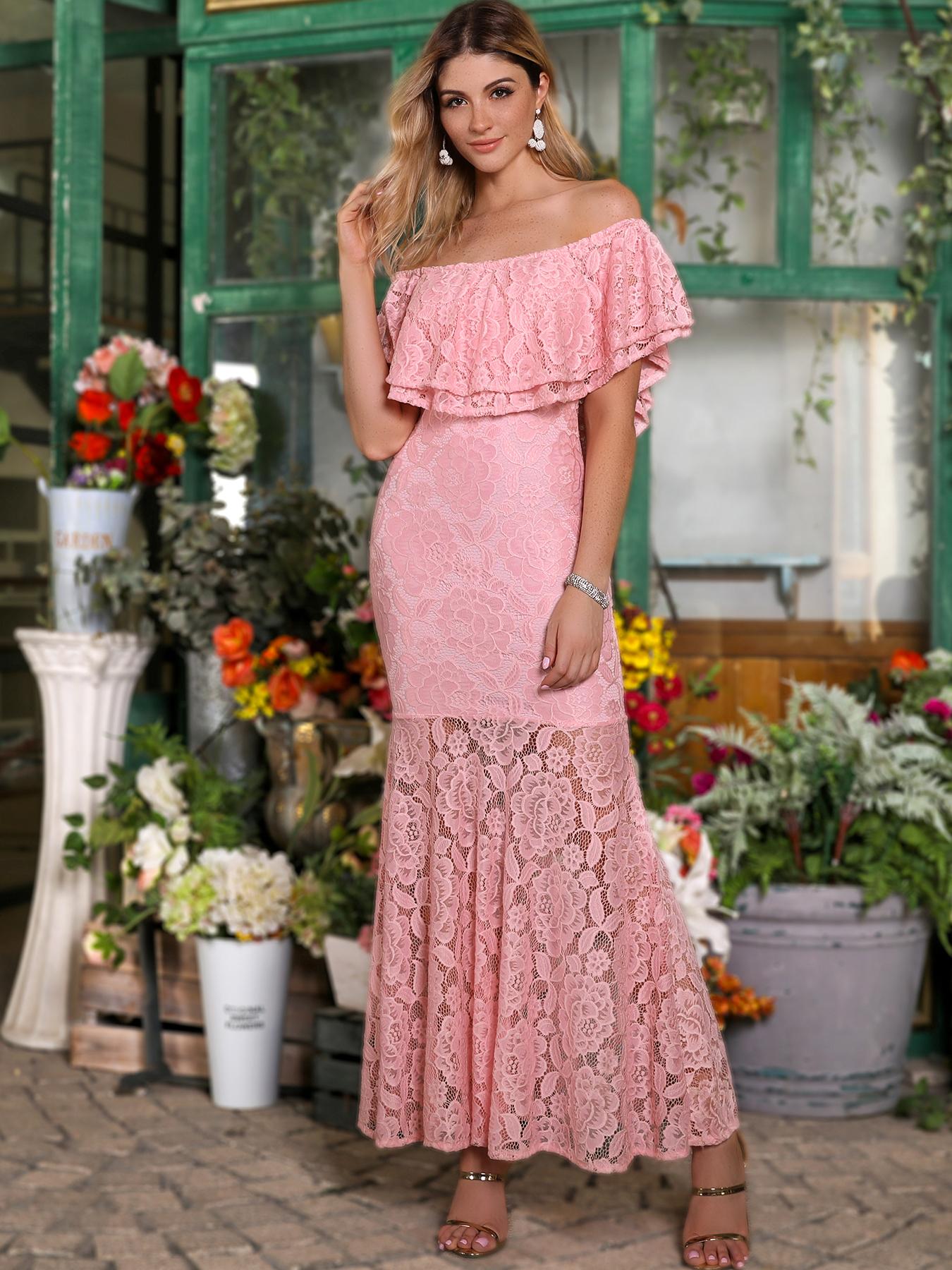 

Solid Lace Ruffles Layered Fishtail Maxi Dress