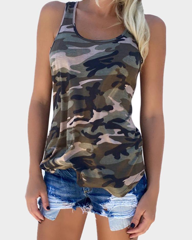 

Camouflage Print Racer Back Tank Top, Green