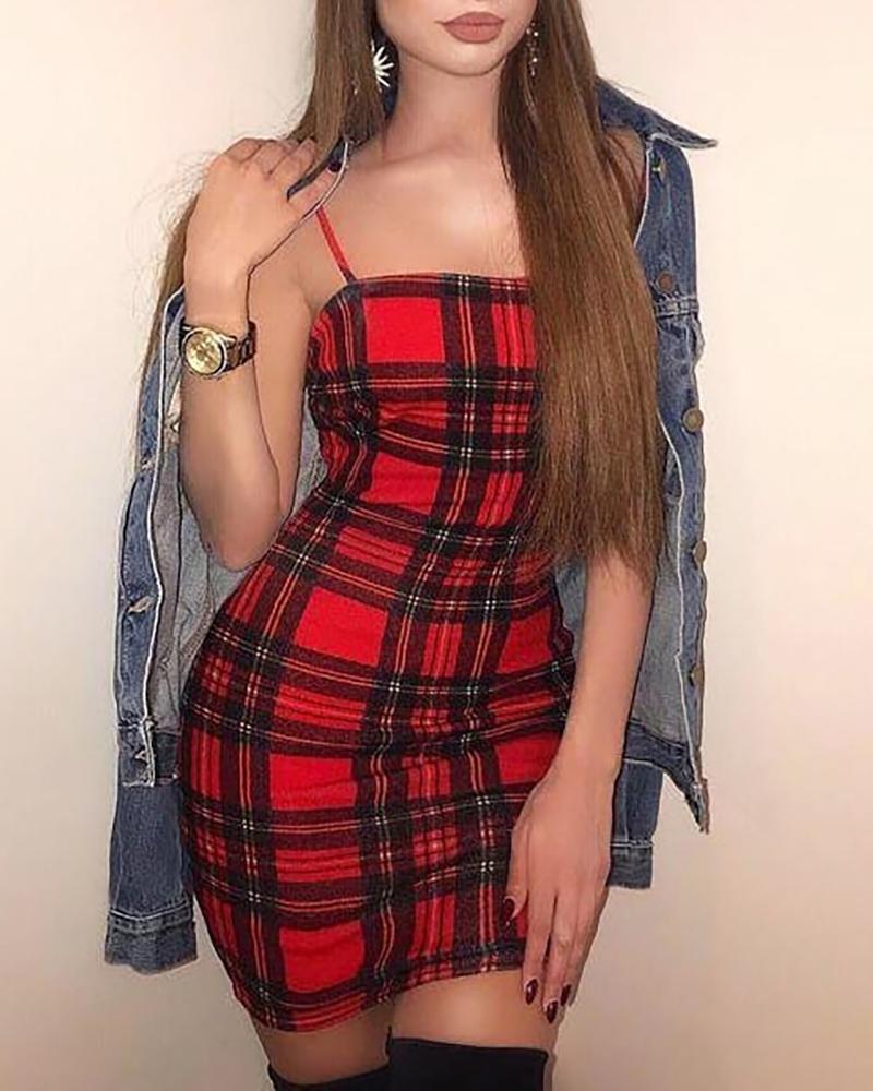 

Plaid Spaghetti Strap Bodycon Dress, Red