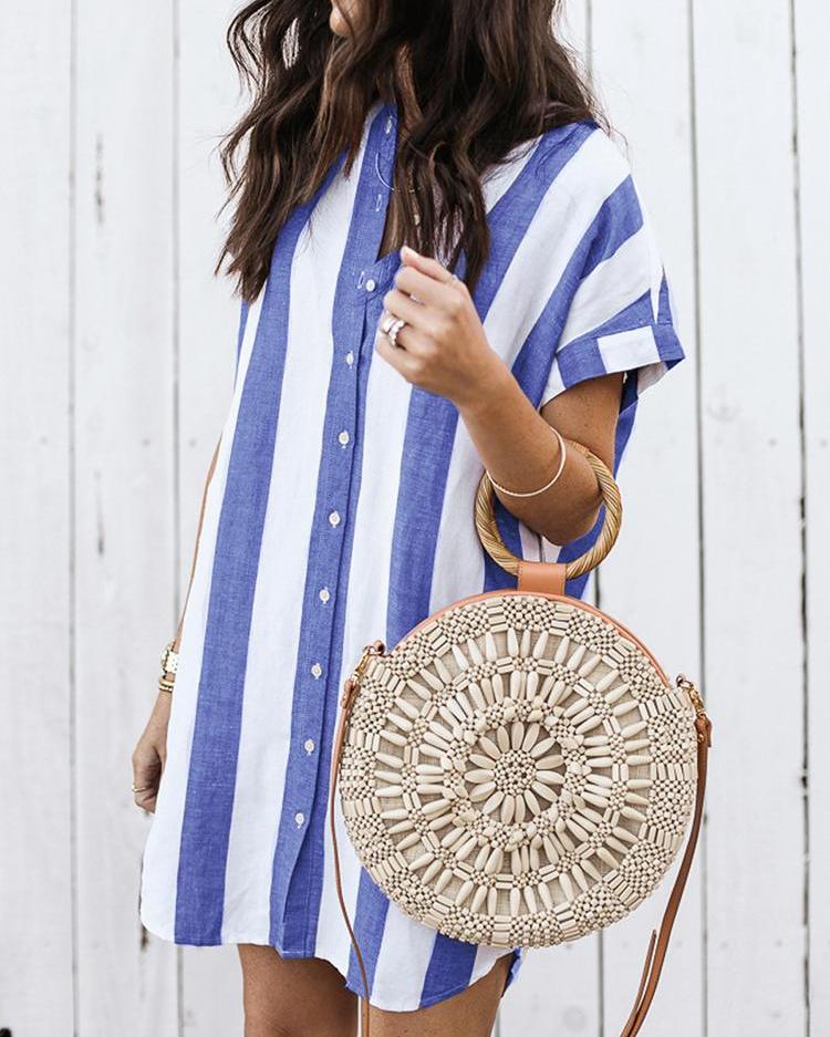 

Contrast Stripes Button Through Casual Dress, Blue