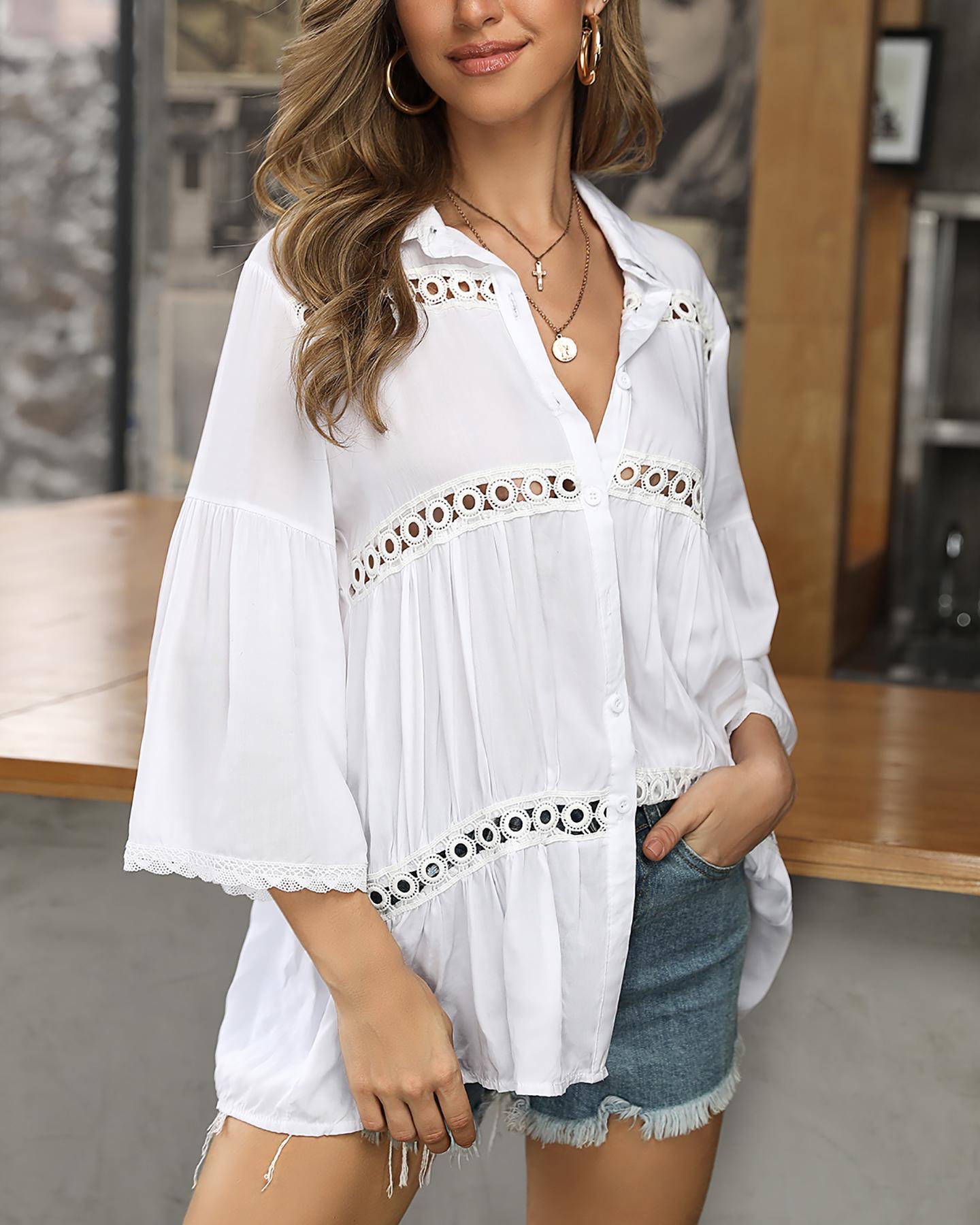 

Hollow Out Bell Sleeve Shirt Cover Up, White